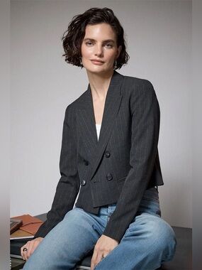 RW&CO. Charcoal Pinstripe Double-Breasted Cropped Blazer
